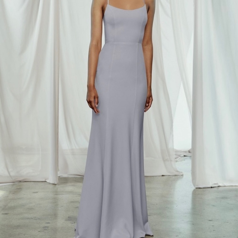 Amsale Taryn Dress Ballerina Neck Racer Back Gown Crepe Dove Grey Lilac 4 Formal